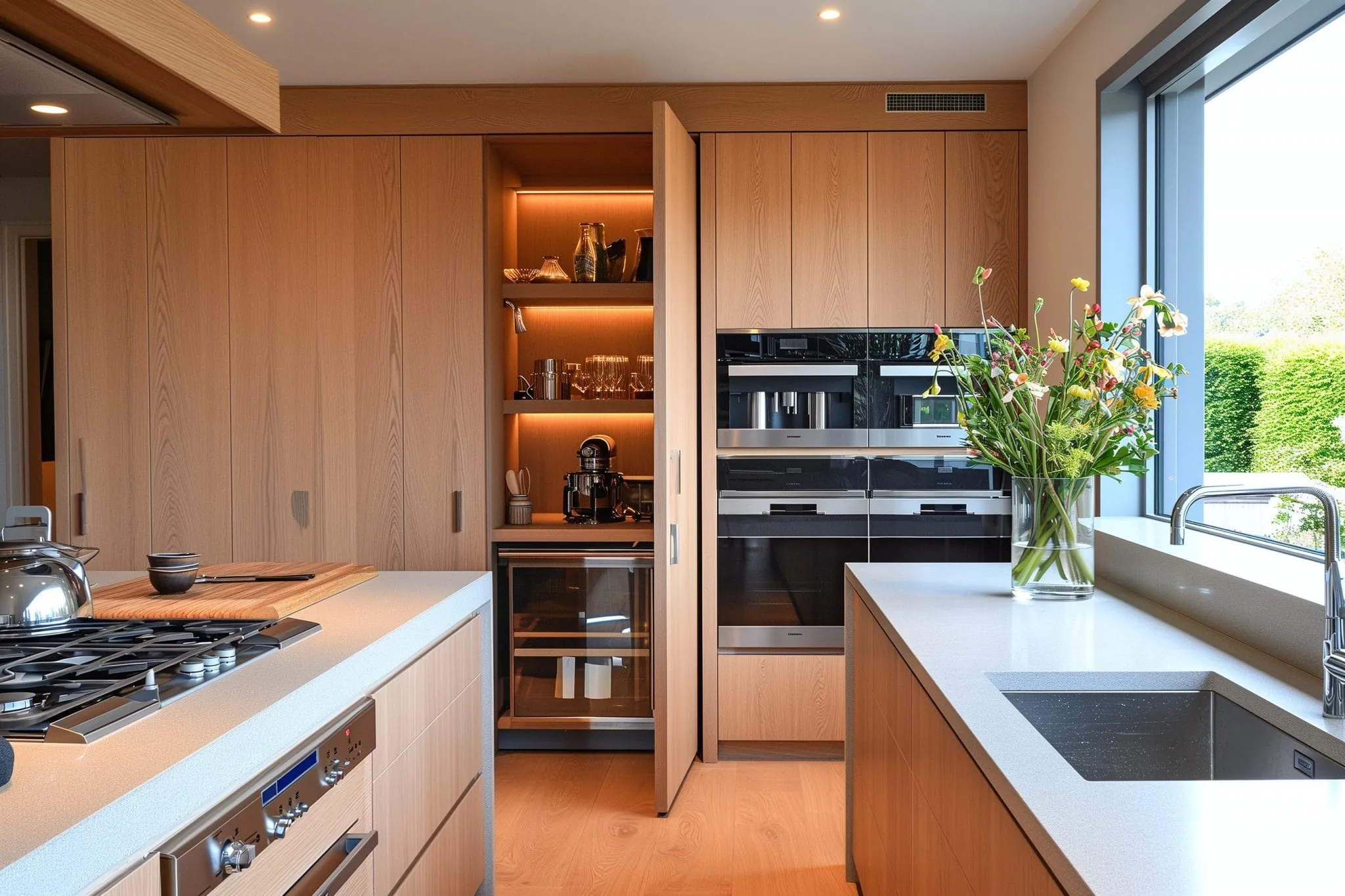 Modern kitchen with oak cabinetry and stone countertops